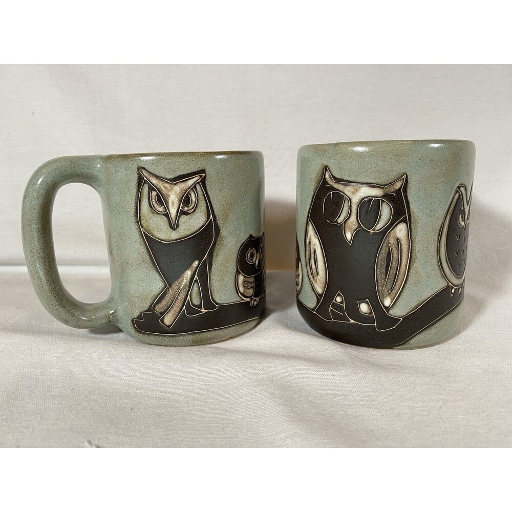 Set Of 2 Mara Of Mexico Owls Mugs Stoneware Art pottery 16oz Handcrafted Signed